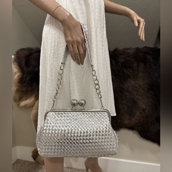 Stunning Silver Woven Leather Handmade Large Ball Kisslock Purse/Multi Use Bag - Picture 6 of 12